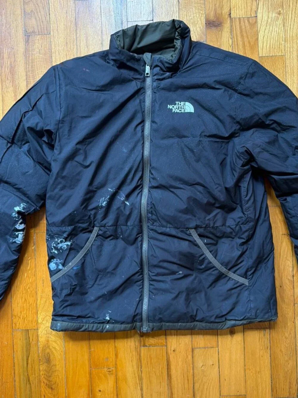 The North Face reversible olive green/black jacket with graffiti, small